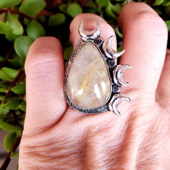 New Witchy Golden Rutile Multi Horned Crescent Moon 925 Silver Ring. - Picture 6 of 12
